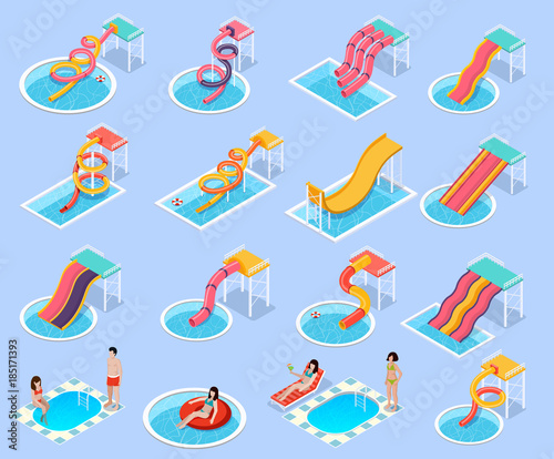 Water Park Aquapark Isometric Icon Set