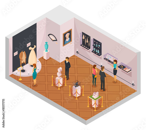 People In Museum Hall Isometric Composition 