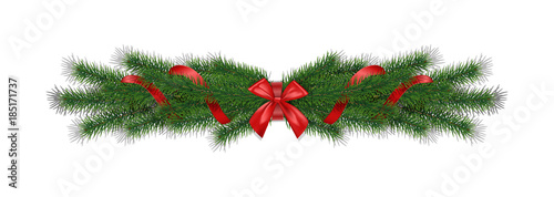 Christmas 3d realistic vector pine branches with red ribbon