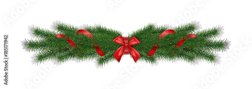 Christmas 3d realistic vector pine branches with red ribbon