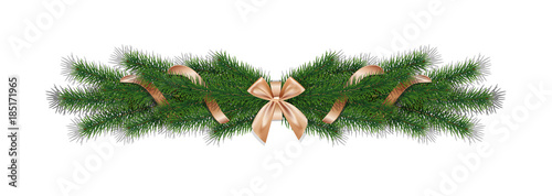 Christmas 3d realistic vector pine branches with golden ribbon.