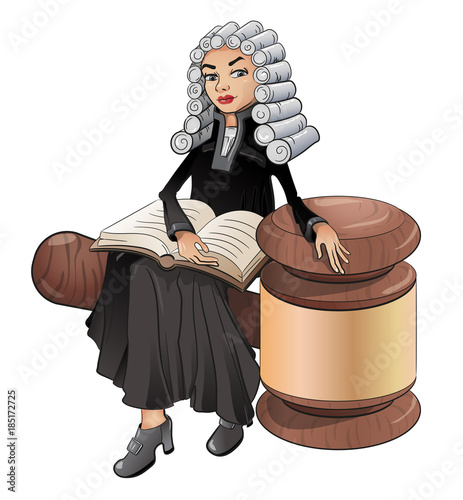A judge is a female lawyer in a wig with a book and a hammer, vector, a symbol of law and justice. On white background, clipart.