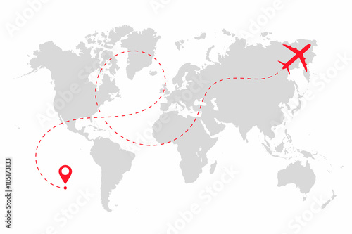 Airplane path in dotted line shape on world map. Route of plane with world map isolated on white background
