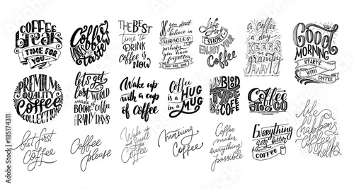 Set of Hand lettering quotes with sketches for coffee shop or cafe. Hand drawn vintage typography collection isolated on white background photo