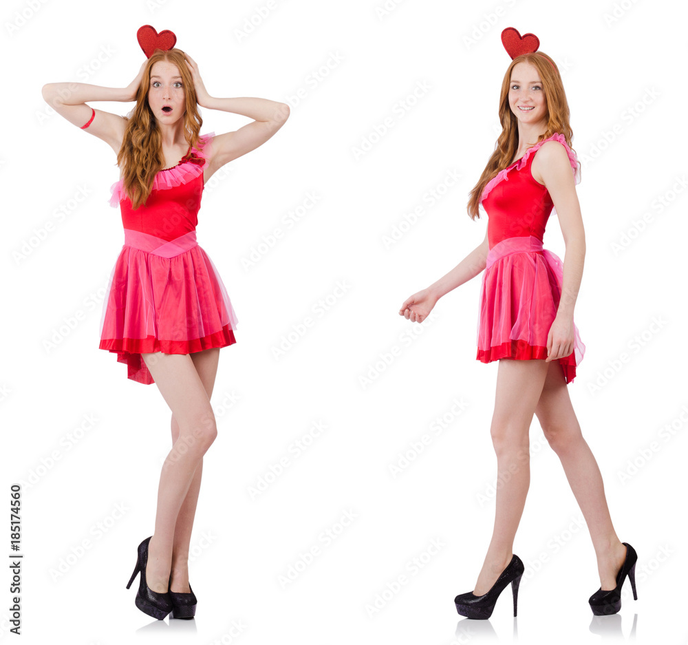 Pretty young model in mini pink dress isolated on white Pretty young model in mini pink dress isolated on white