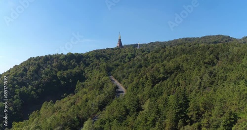 CHIANG MAI, THAILAND, MARCH 2017: Aerial view over King's and Queen's Chedi, Phra Mahathat Naphamethanidon, in Doi Inthanon Natinonal Park. Situated on the tallest mountain in Thailand. photo