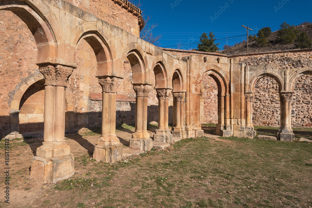 Famous landmark San Juan de duero monastery cloister ruins in Soria, Castilla y Leon, Spain.