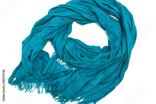 Blue silk scarf with fringe on white background