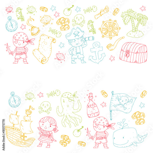 Pirate adventures Pirate party Kindergarten pirate party for children Adventure, treasure, pirates, octopus, whale, ship Kids drawing vector pattern for banners, leaflets, brochure, invitations