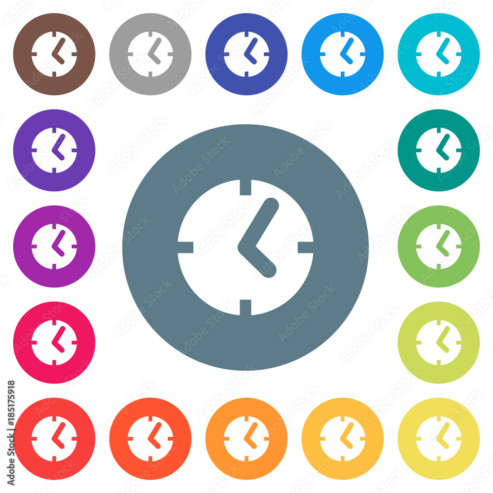 Clock flat white icons on round color backgrounds Clock flat white icons on round color backgrounds