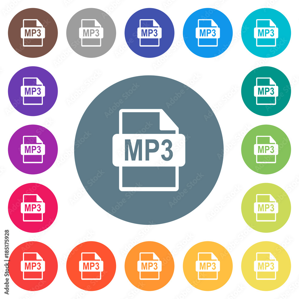 MP3 file format flat white icons on round color backgrounds MP3 file format flat white icons on round color backgrounds