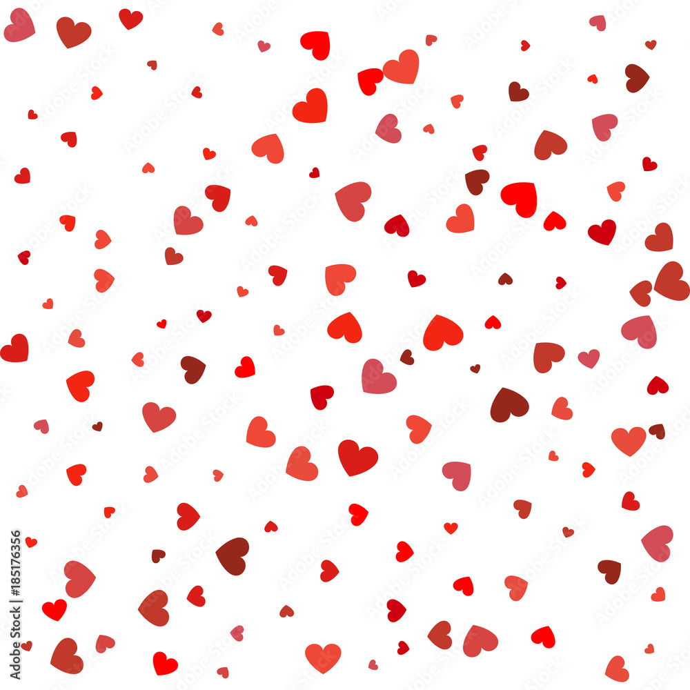 Heart confetti of Valentines petals falling on white background. Flower petal in shape of heart confetti for Women's Day