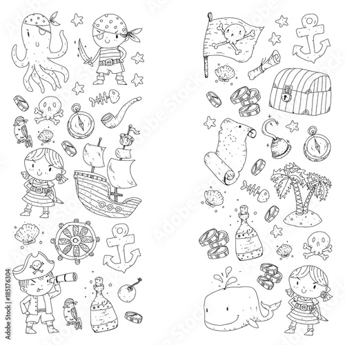 Pirate adventures Pirate party Kindergarten pirate party for children Adventure  treasure  pirates  octopus  whale  ship Kids drawing vector pattern for banners  coloring pages  book