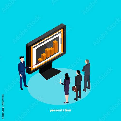 a man in a business suit stands near the monitor and presents  educational materials for business, an image in isometric style