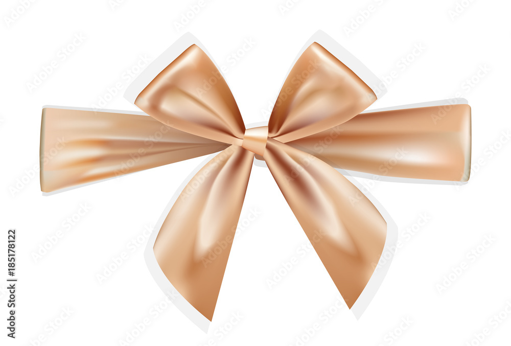 Golden brown realistic bows for gift box on white background. Silk ribbon, 3d gift bow tie for Christmas, New Year, holidays.