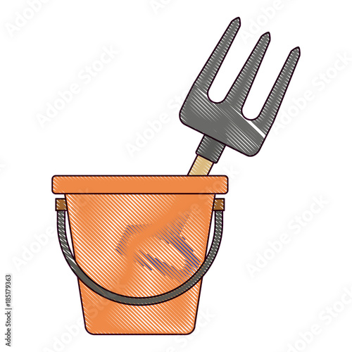 bucket with gardening rake vector illustration design
