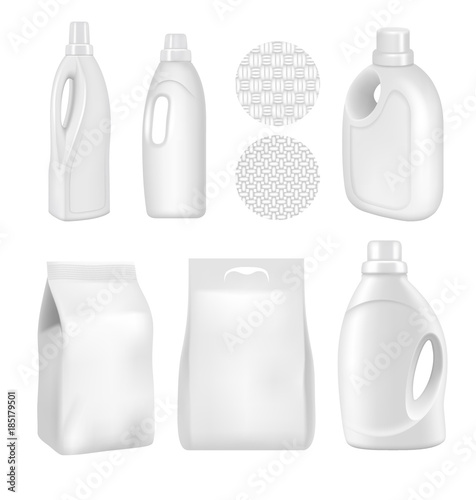 A set of bottles of detergents for washing. Blank plastic bottle for laundry detergent. Vector bottle for your design. Realistic vector image.