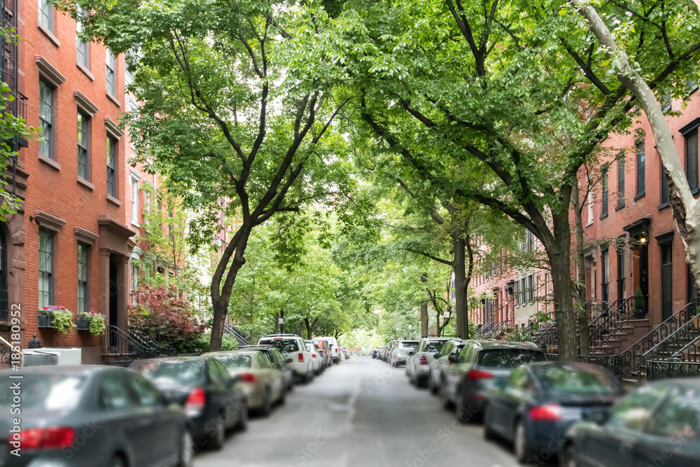 Fototapeta premium Drzewo wykładał ulicę historyczni brownstone budynki w Greenwich Village sąsiedztwie w Manhattan Miasto Nowy Jork NYC
