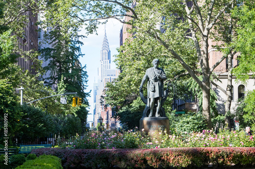 Historic Gramercy Park landscape scene in Manhattan, New York City with the Midtown skyscrapers in the background skyline photo