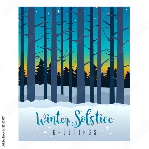 Winter Solstice greeting card design. Colorful evening sky with sunset and stars behind silhouette of tall bare trees. Vector Illustration.