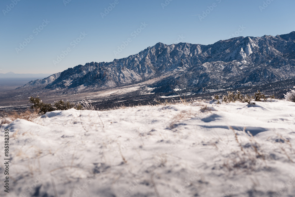 The Organ Mountains covered in snow in Las Cruces, New Mexico. The Organ Mountains covered in snow in Las Cruces, New Mexico.