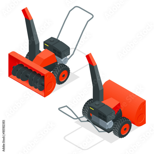 Isometric snow thrower. Cleans snow from sidewalks with snowblower. City after blizzard. Isometric vector illustration