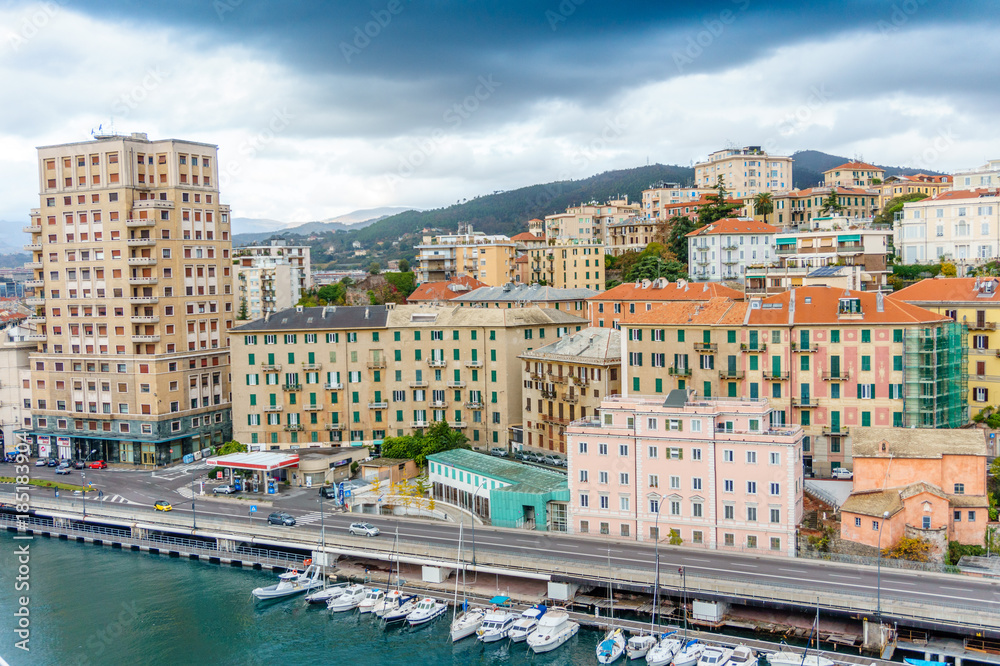 Sea coast of Savona, Italy. View from the cruise liner