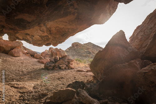 Landscape view from the inside of a cave at Pena Blanca in the Organ Mountainsnear Las Cruces, New Mexico. 