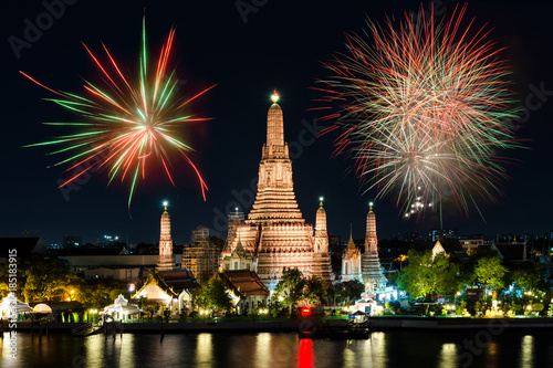 Night view of Wat Arun temple and Chao Phraya River, Bangkok, Thailand