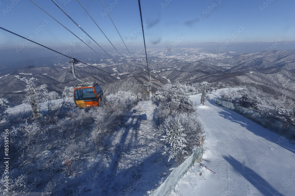 SEOUL, SOUTH KOREA - DECEMBER , 2016: ski resort with ski lifts, preparation for the 2018 Winter Olympics in South Korea, ski slope