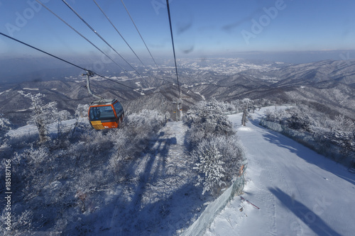 Canvas Print SEOUL, SOUTH KOREA - DECEMBER , 2016: ski resort with ski lifts, preparation for