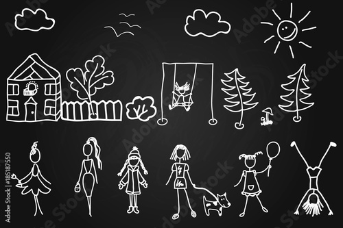 Children s drawings in chalk on the Board. Girls, women and a dog. The trees and the house of sun and clouds