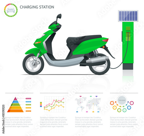 Infographics and Trendy electric scooter charging point vector. Renewable eco technologies. Green power