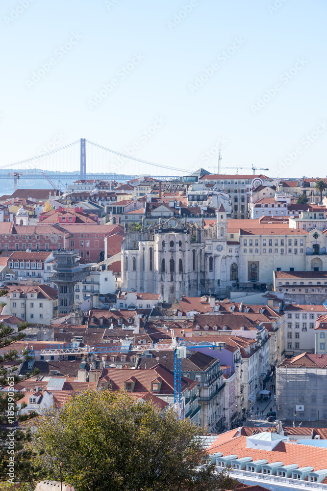 Cidade Baixa, Tejo River and 25 de Abril Bridge, in the city of Lisbon, Portugal.