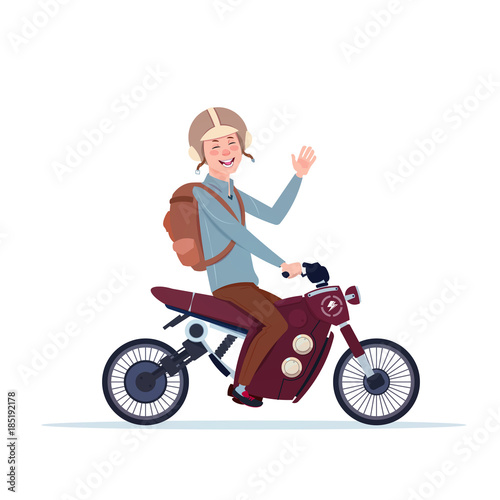Man In Helmet Riding Motorcycle Or Motorbike Isolated On White Background Flat Vector Illustration