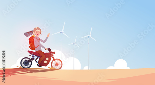 Man Riding Off Road Bike In Helmet Guy Travel On Motorcycle Over Blue Sky With Wind Turbines Flat Vector Illustration