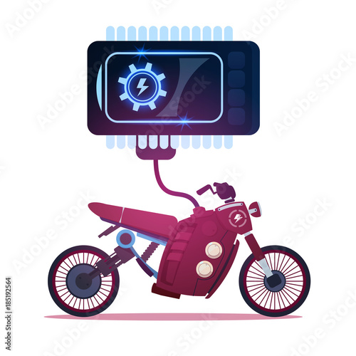 Hybrid Motorcycle Charging From Electricity, Sport Electric Motorbike On While Background Flat Vector Illustration