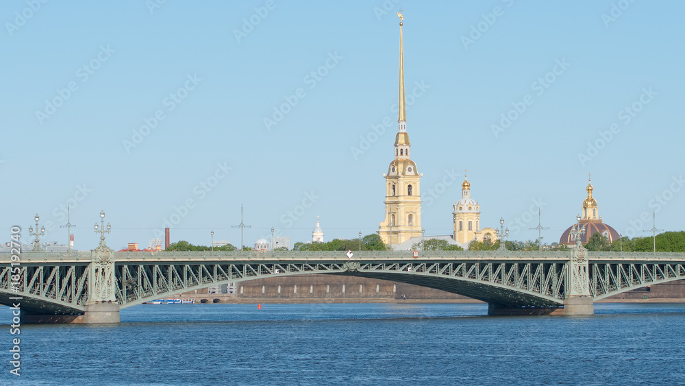 Trinity (Troitsky) bridge and the chapel of Peter and Paul Fortress in the summer - St Petersburg, Russia