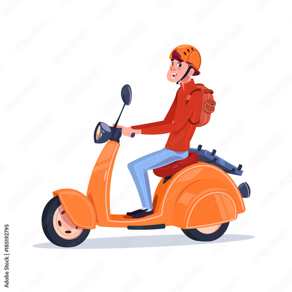Young Guy Riding Electric Scooter Vintage Motorcycle Isolated On White Background Flat Vector Illustration