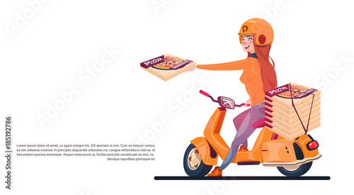 Pizza Delivery Service Young Girl Riding Electric Scooter Shipping Food From Restaurant Banner With Copy Space Flat Vector Illustration