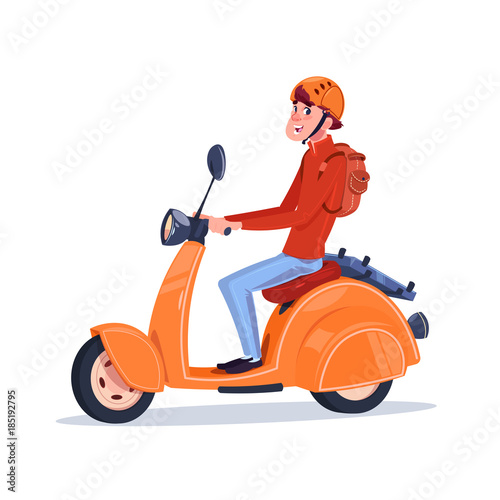 Young Guy Riding Electric Scooter Vintage Motorcycle Isolated On White Background Flat Vector Illustration