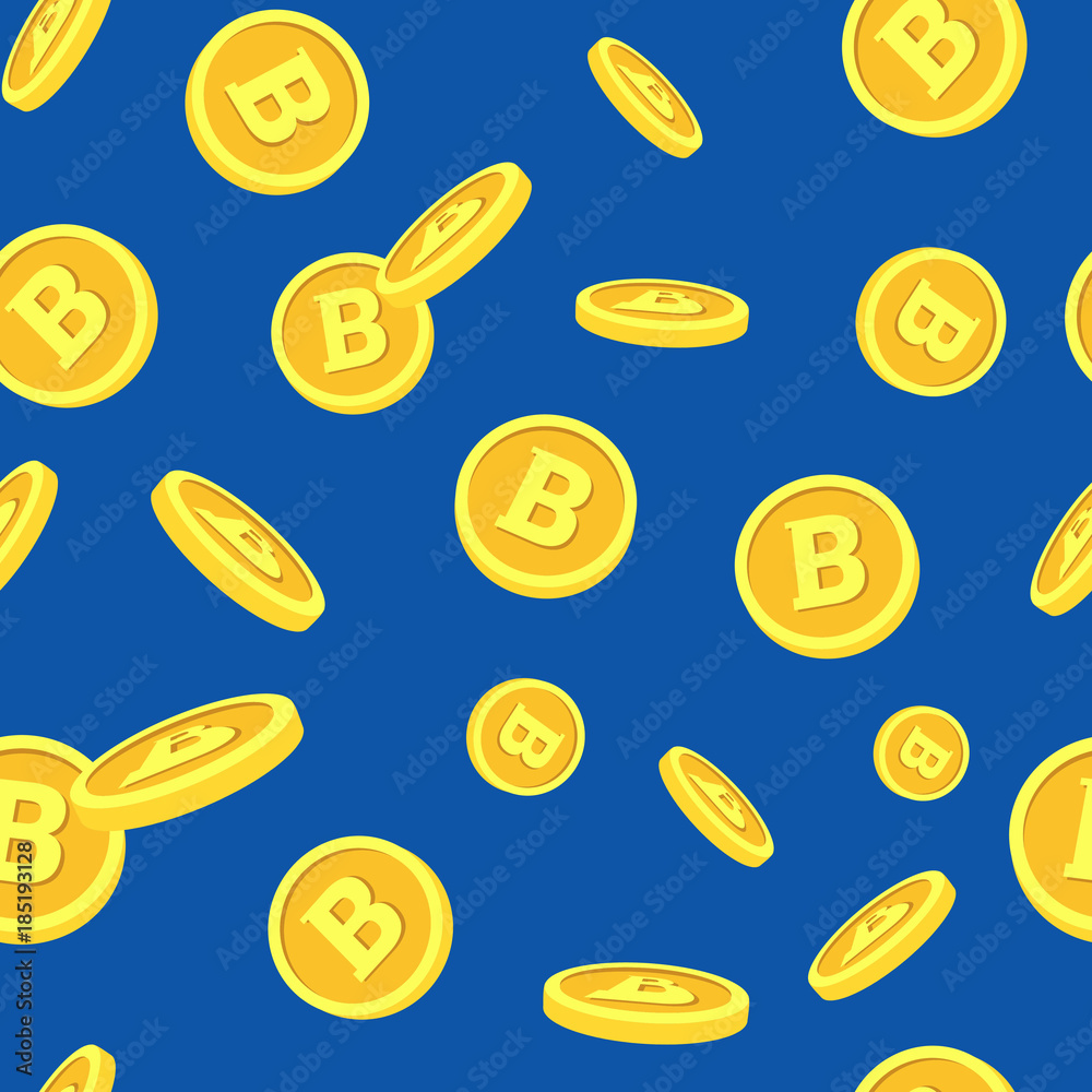 Seamless Pattern With Bitcoins Falling Down On Blue Background Crypto Currency Mining Concept Vector Illustration