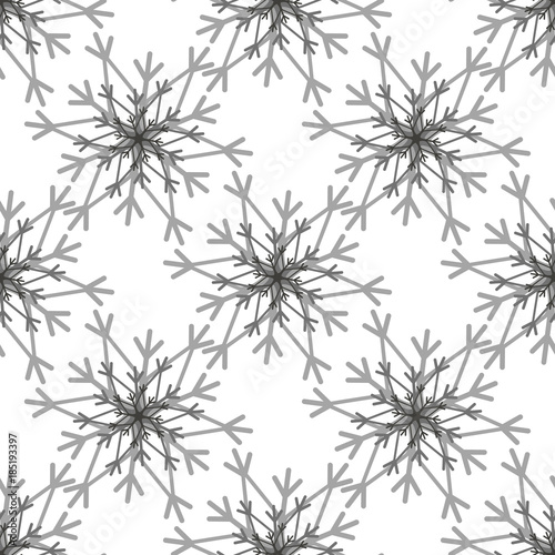 Snowflake simple seamless pattern. Black snow on white background. Abstract wallpaper, wrapping decoration. Symbol of winter, Merry Christmas holiday, Happy New Year celebration