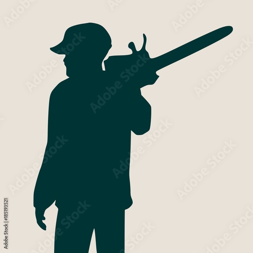 Lumberjack worker standing with chainsaw. Vector silhouette