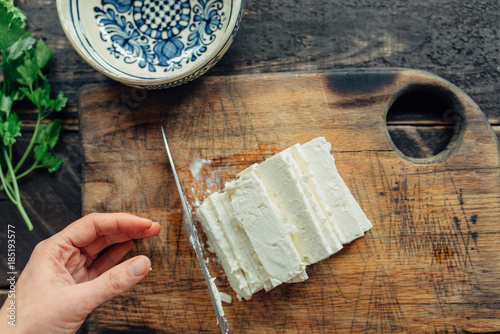 Sliced feta cheese from above