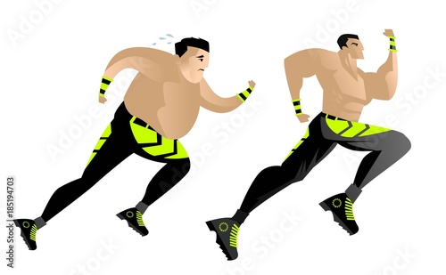 chubby obese man running and athletic man runner