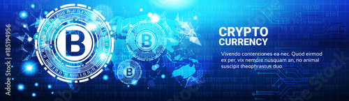 Crypto Currency Concept Bitcoin Sign On Blue World Map Modern Web Money Technology Horizontal Banner Vector Illustration