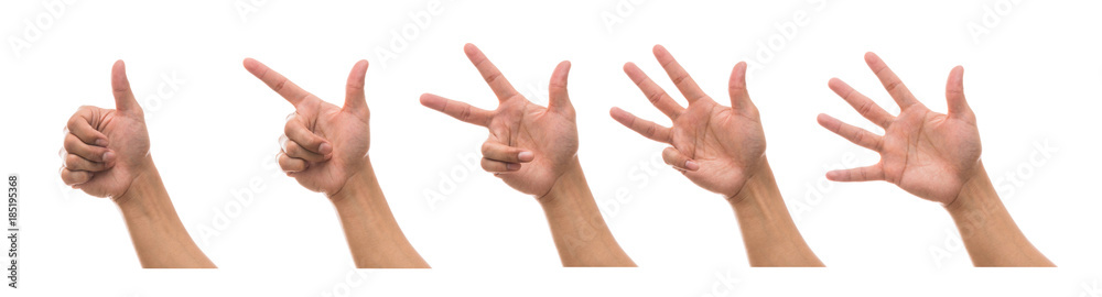 Sum 5 picture of Men hand in front side with show number collection over white background, include clipping path Sum 5 picture of Men hand in front side with show number collection over white background, include clipping path