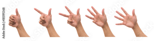 Sum 5 picture of Men hand in front side with show number collection over white background, include clipping path