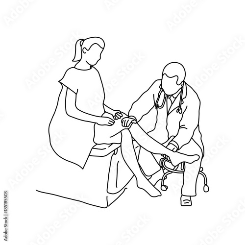 Doctor examining knee joint of female patient with hand vector illustration outline sketch hand drawn with black lines isolated on white background